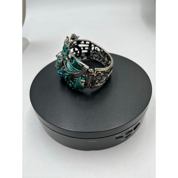 Panda Blue Green Enamel Rhinestone Crystals Hinged Animal Theme Bangle - Picture 6 of 7